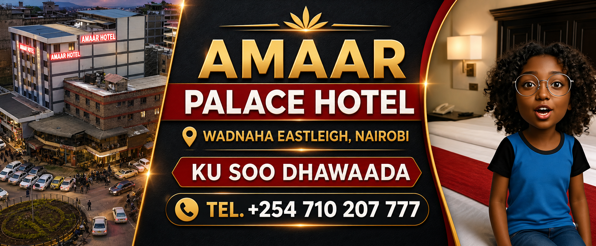 Amaar Palace Hotel — Wadnaha Eastleigh, Nairobi. Ku soo dhawaada. Tel: +254 710 207 777