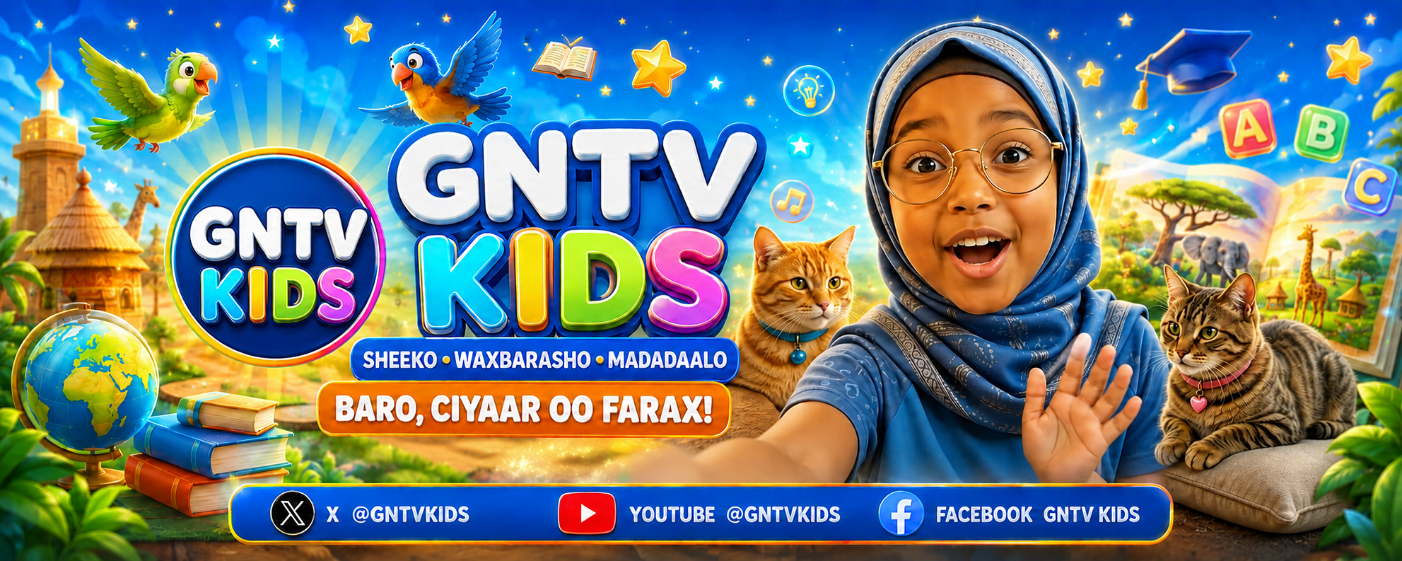 GNTV Kids banner — Sheeko, Waxbarasho, Madadaalo: baro, ciyaar oo farax!