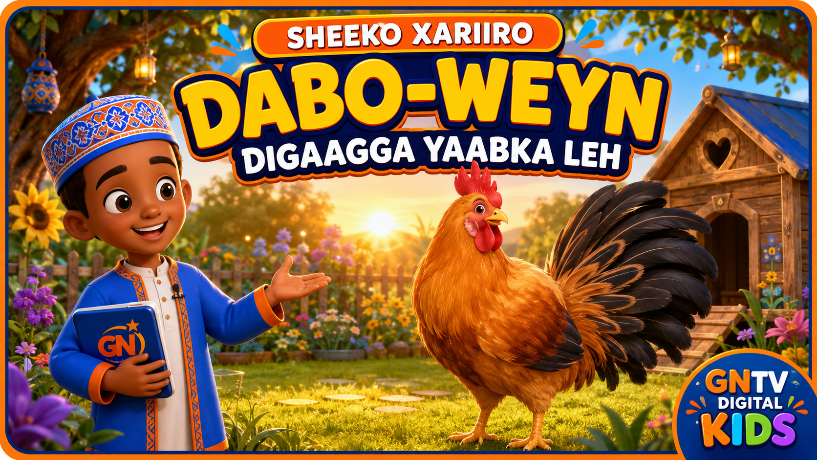 GNTV Kids presenter in a garden with Dabo-Weyn, a rooster with a long black tail