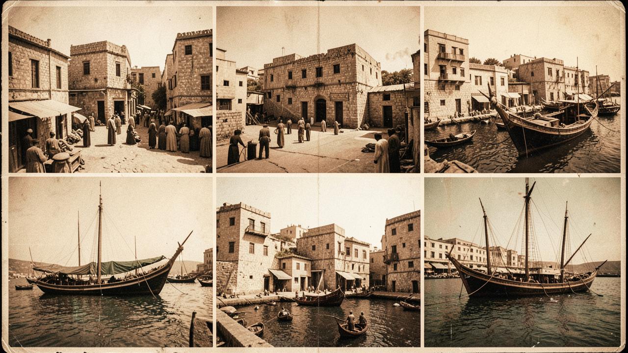 Sepia archive prints of a Somali coastal town, dhows moored along the harbour