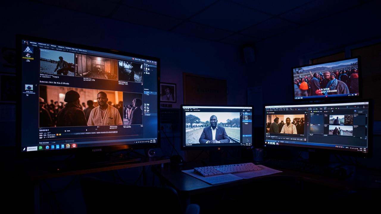 Editing suite at night with archive documentary footage on the monitors