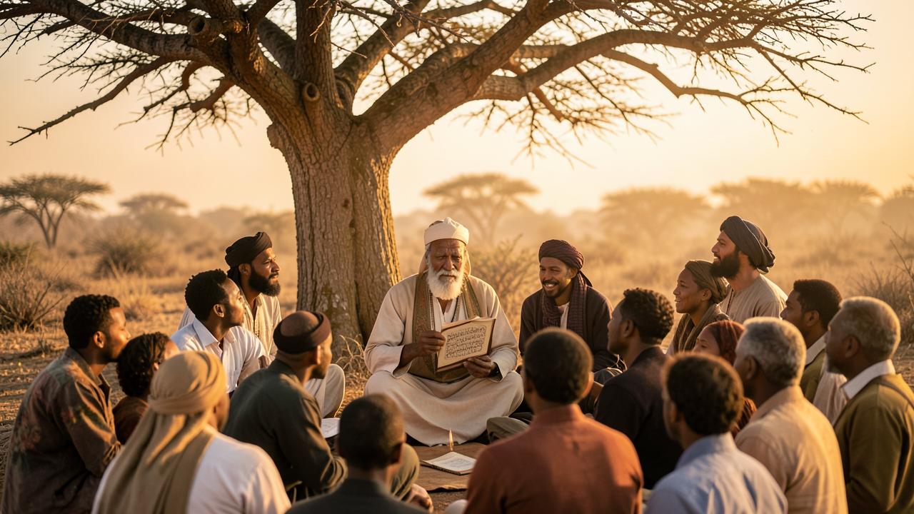 An elder reciting poetry to a seated group under an acacia tree at golden hour